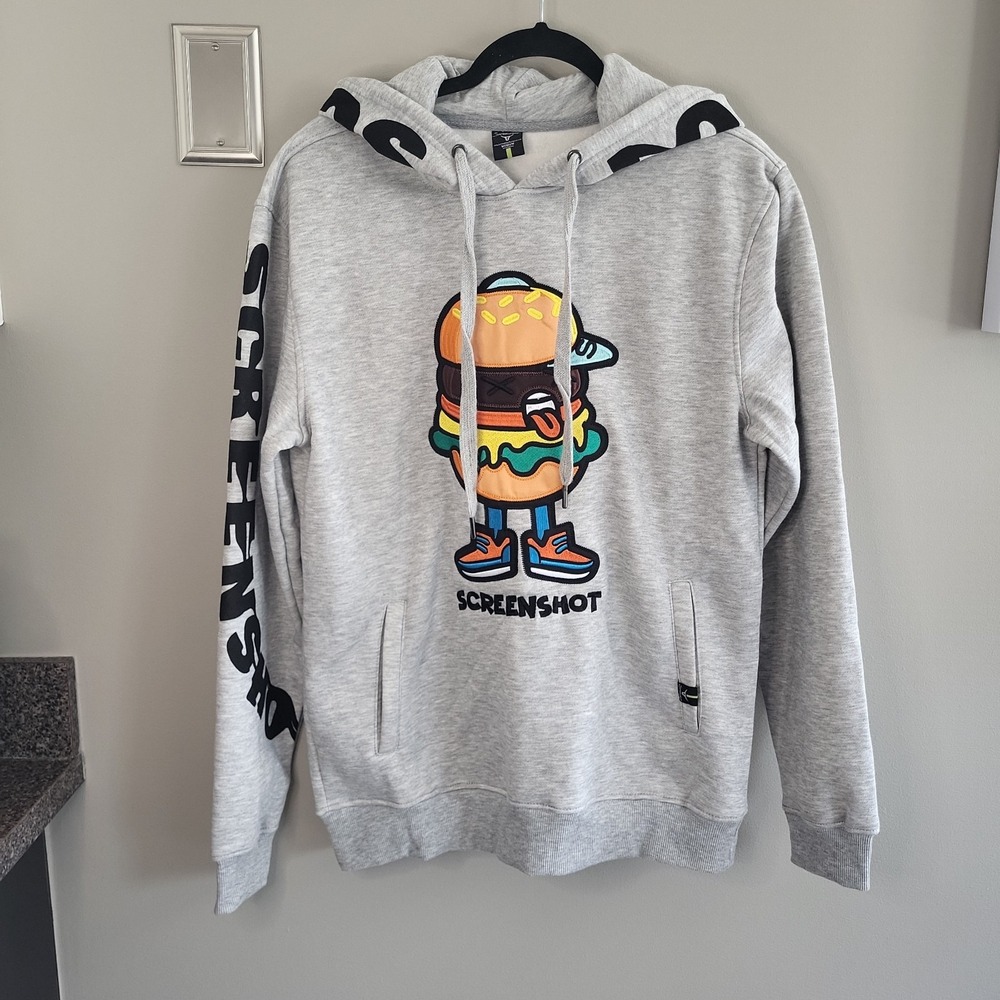 Screenshot Hoodie Men's Medium Grey Burger Embroidered Graphic Pullover $80